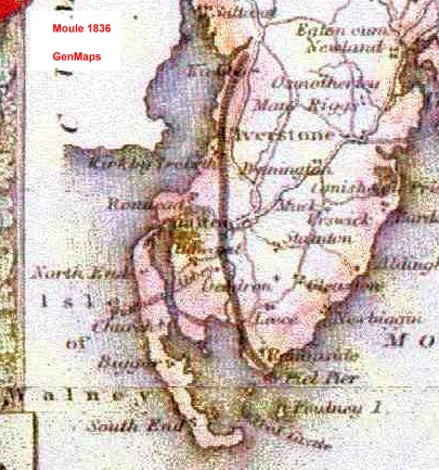 Map by Moule, 1836 showing railway from Kirkby Ireleth to Rampside
